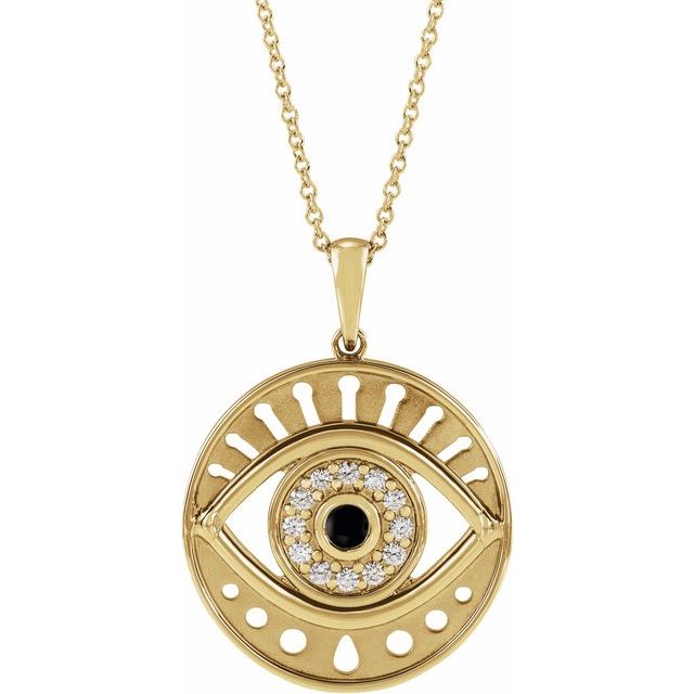 14K Yellow Natural Black Onyx & 1/6 CTW Natural Diamond Evil Eye 16-18' Necklace