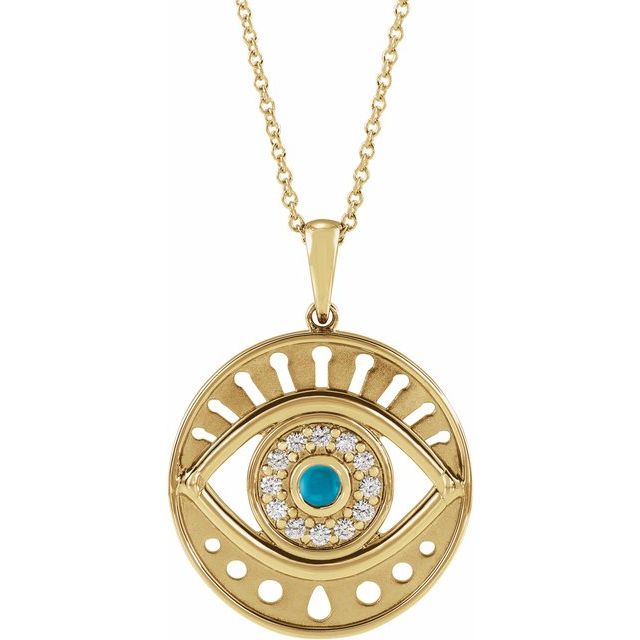 14K Yellow Natural Turquoise & 1/6 CTW Natural Diamond Evil Eye 16-18' Necklace