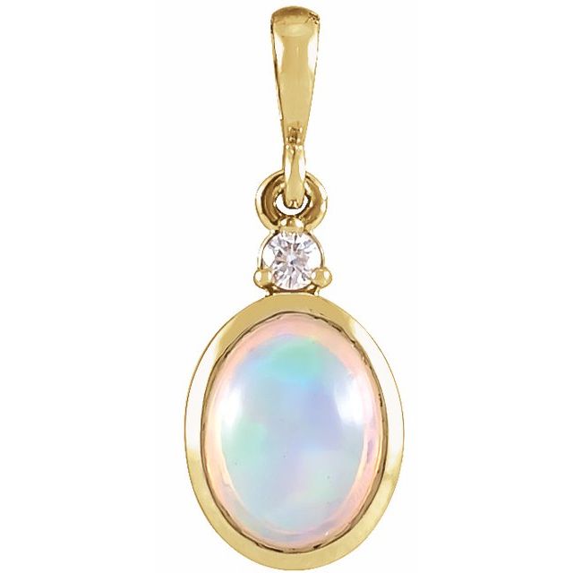 14k Yellow 8x6 Mm Natural Ethiopian Opal & .03 Ct Natural Diamond Pendant