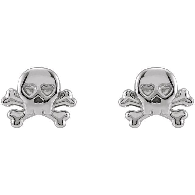 14K White Petite Skull & Crossbones Earrings