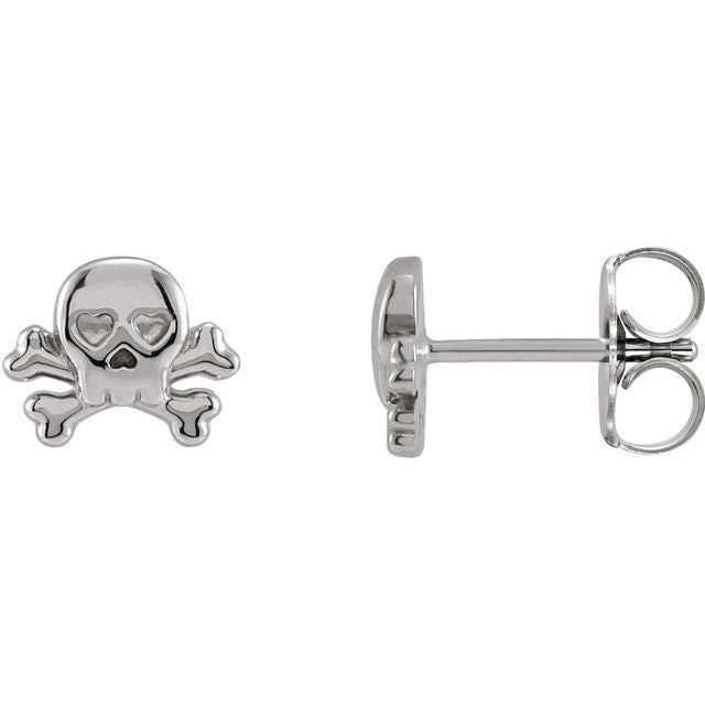 14K White Petite Skull & Crossbones Earrings