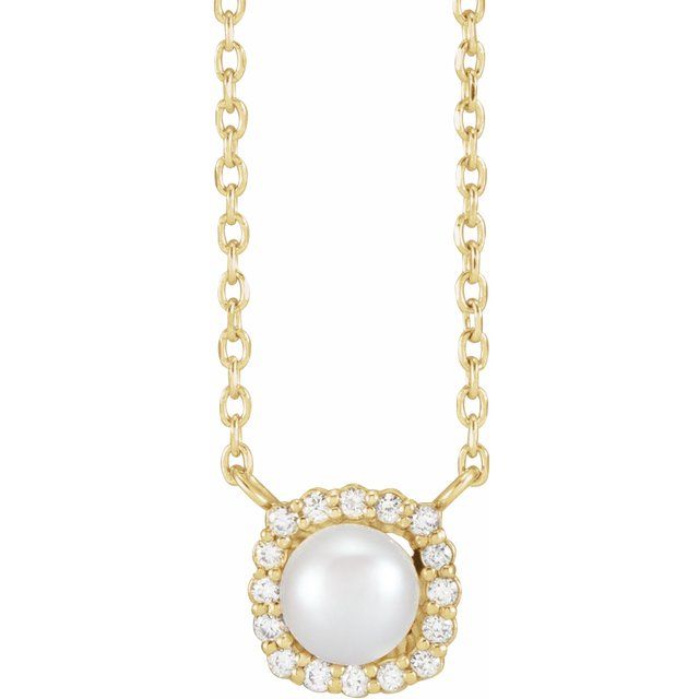 14K Yellow Cultured White Akoya Pearl .06 CTW Natural Diamond Halo-Style 18' Necklace