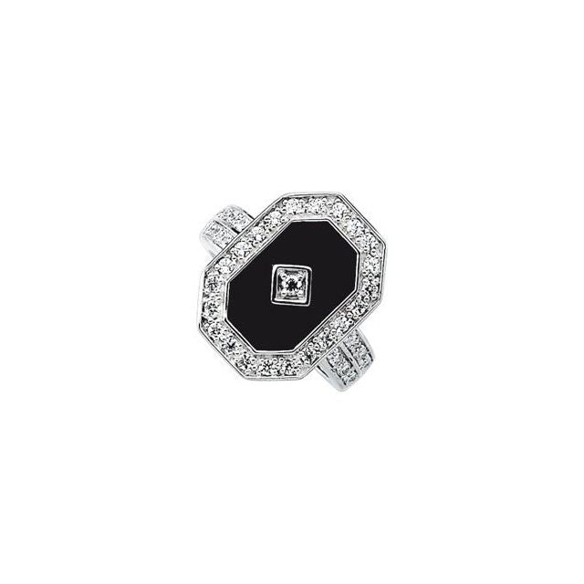Sterling Silver Natural Black Onyx & Imitation White Cubic Zirconia Halo-Style Ring