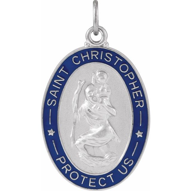 Sterling Silver 26x20 mm Blue Enamel St. Christopher Medal