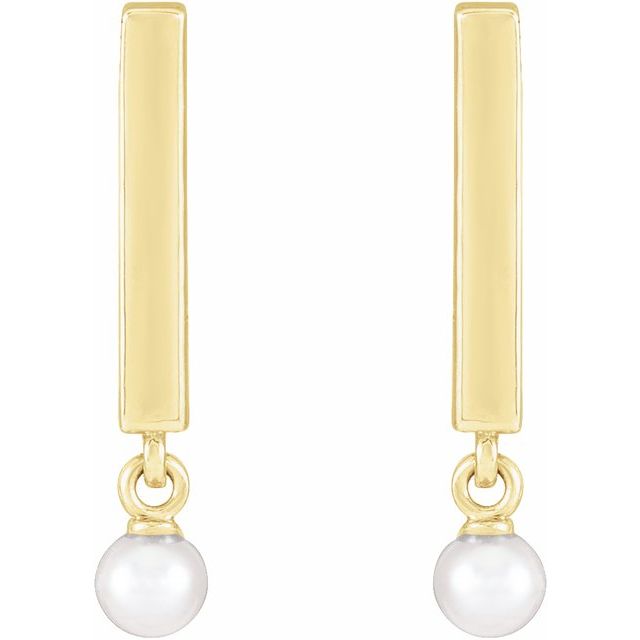 14K Yellow Cultured White Seed Pearl Bar Earrings