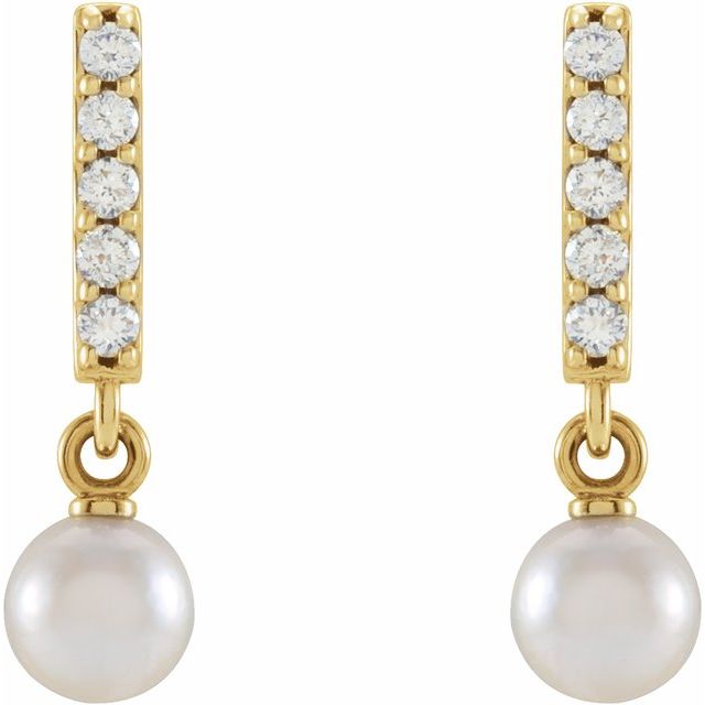 14k Yellow Cultured Akoya Pearl & .03 Ctw Natural Diamond Bar Earrings