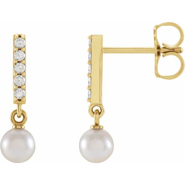 14k Yellow Cultured Akoya Pearl & .03 Ctw Natural Diamond Bar Earrings