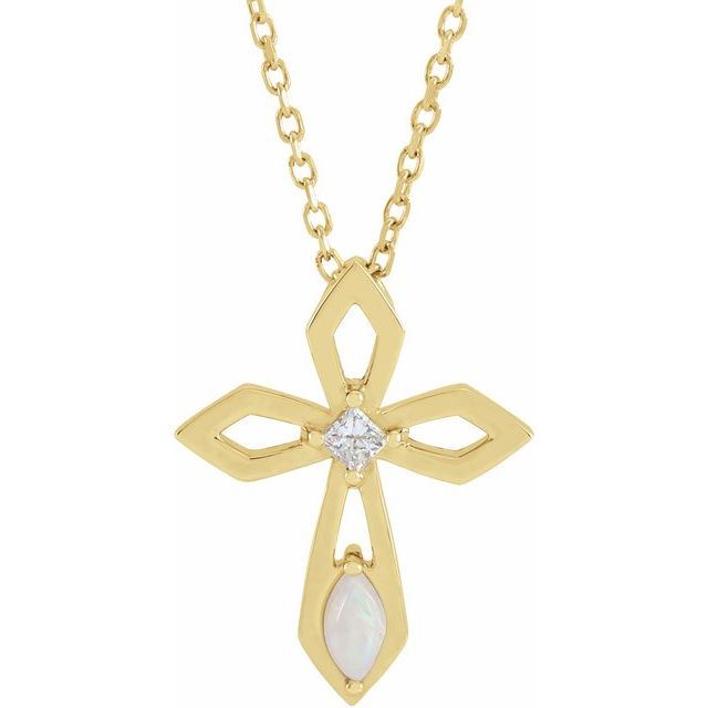 14K Yellow Natural White Opal & .05 CT Natural Diamond Cross 16-18' Necklace