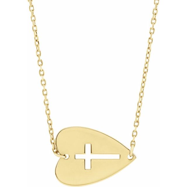 14K Yellow Sideways Heart with Pierced Cross 18' Necklace