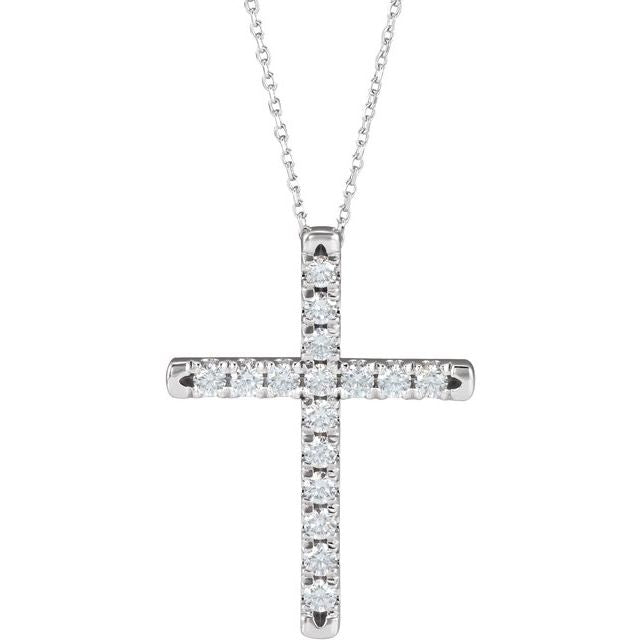 14K White 3/4 CTW Lab-Grown Diamond French-Set Cross 16-18' Necklace