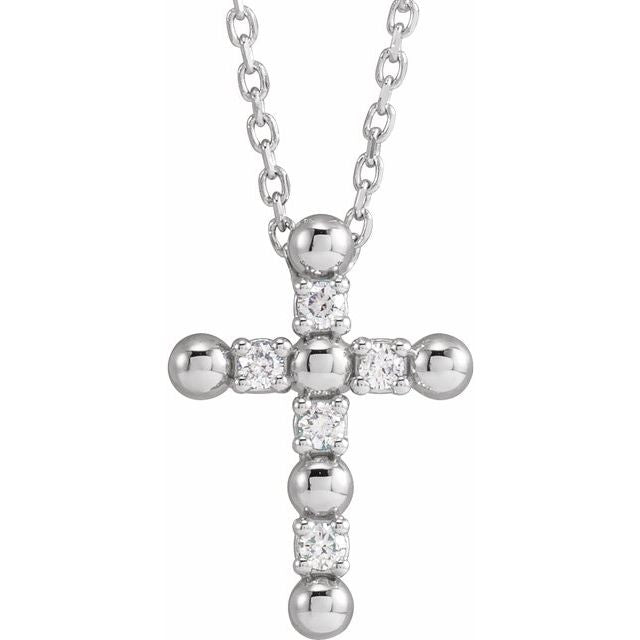 14K White .07 CTW Natural Diamond Beaded Cross 16-18' Necklace