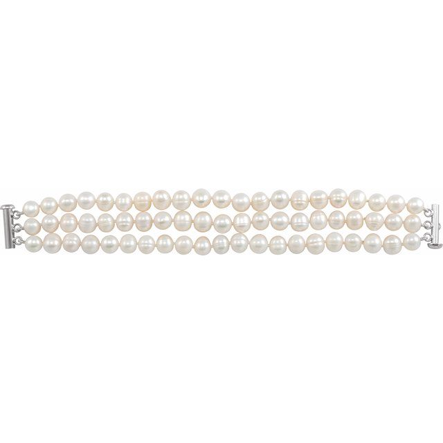 Sterling Silver Cultured White Freshwater Pearl Triple Strand 7 1/4' Bracelet