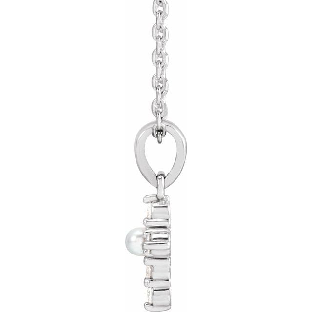14K White Cultured White Seed Pearl & .07 CTW Natural Diamond Cross 16-18' Necklace