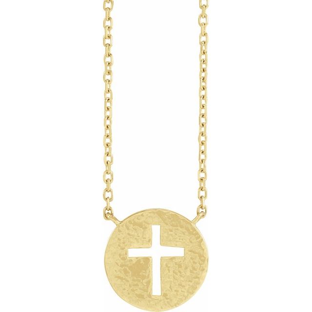 14K Yellow Pierced Cross Hammered Disc 18' Necklace