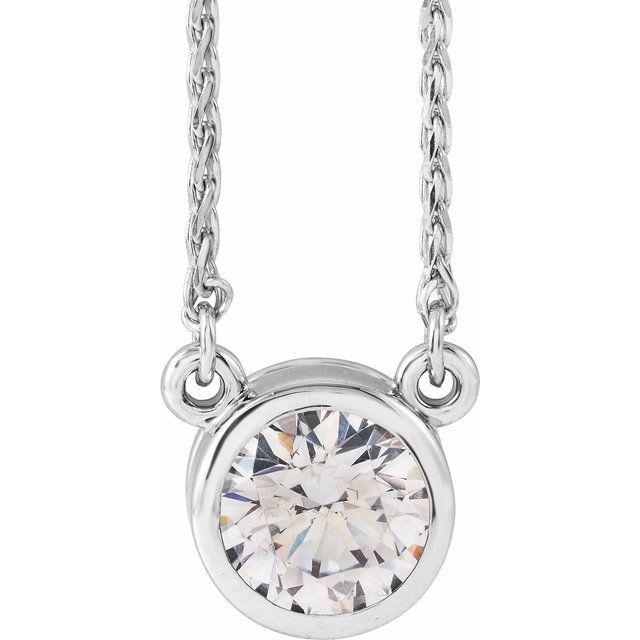14K White 6.5 mm Round Cubic Zirconia Bezel-Set Solitaire 18' Necklace