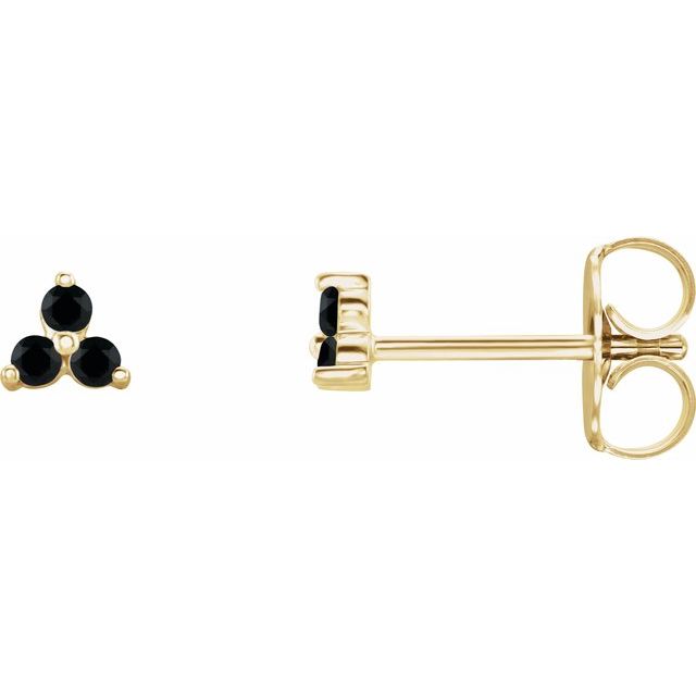14K Yellow Natural Black Spinel Three Stone Earrings