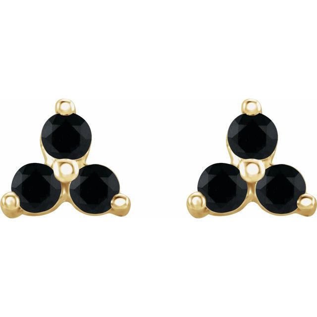 14K Yellow Natural Black Spinel Three Stone Earrings