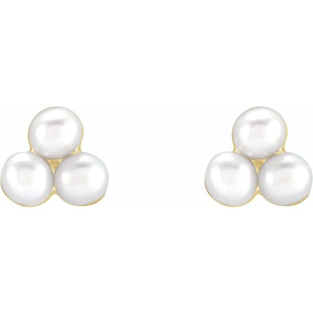 14K Yellow Cultured White Freshwater Pearl Cluster Earrings