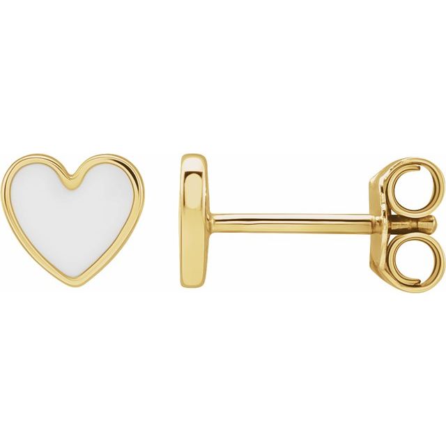 14K Yellow White Enamel Heart Earrings