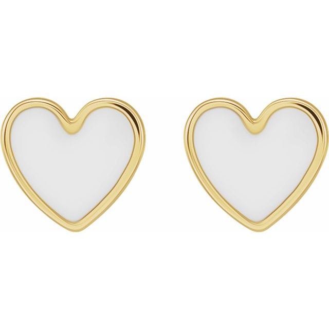 14K Yellow White Enamel Heart Earrings