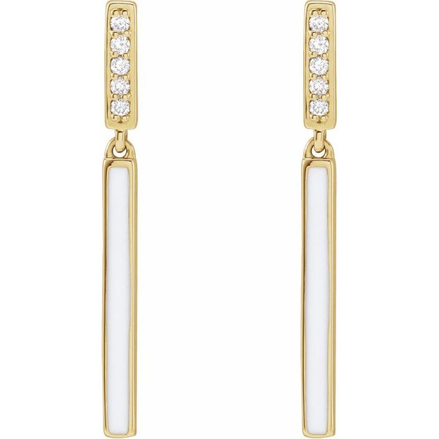 14K Yellow .06 CTW Natural Diamond & White Enamel Bar Earrings