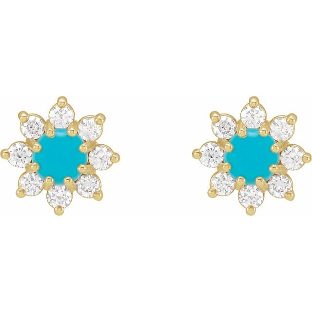 14K Yellow Natural Turquoise & 1/8 CTW Natural Diamond Flower Earrings