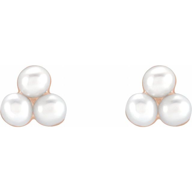 14K Rose Cultured White Freshwater Pearl Cluster Earrings
