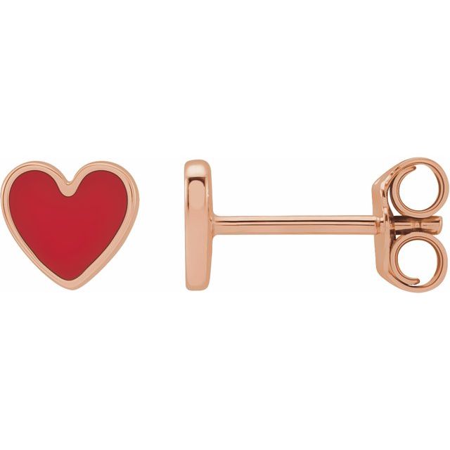 14K Rose Red Enamel Heart Earrings