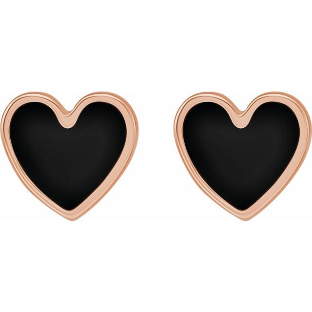 14K Rose Black Enamel Heart Earrings