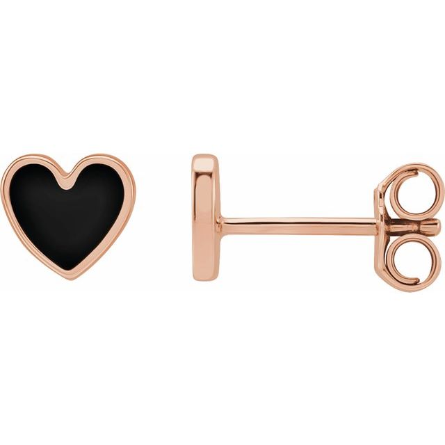 14K Rose Black Enamel Heart Earrings