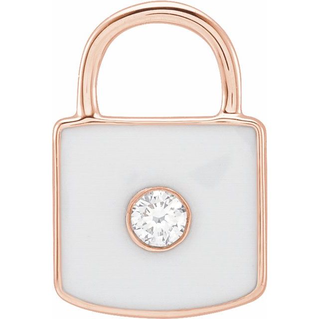 14K Rose .035 CT Natural  Diamond & White Enamel Lock Charm/Pendant