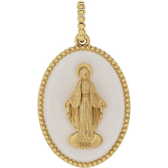 14K Yellow White Enamel Miraculous Medal Pendant