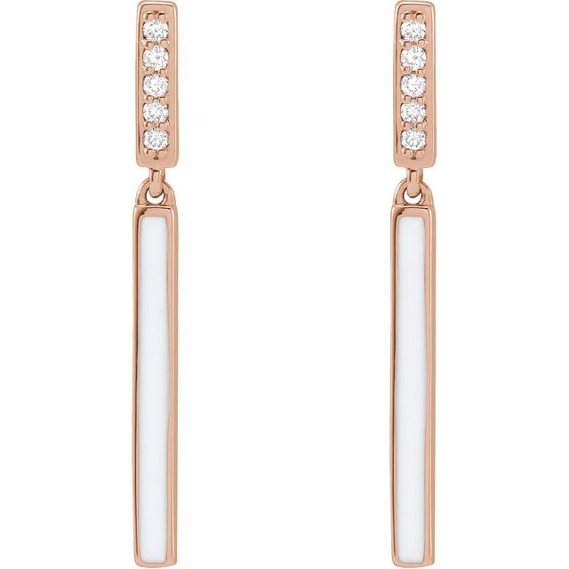 14K Rose .06 CTW Natural Diamond & White Enamel Bar Earrings