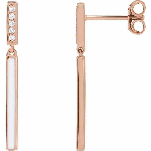14K Rose .06 CTW Natural Diamond & White Enamel Bar Earrings
