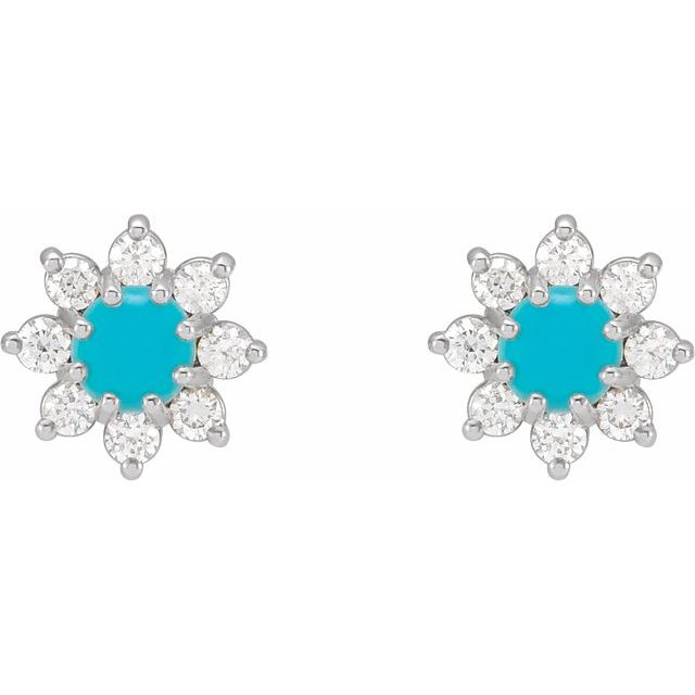 14K White Natural Turquoise & 1/8 CTW Natural Diamond Flower Earrings