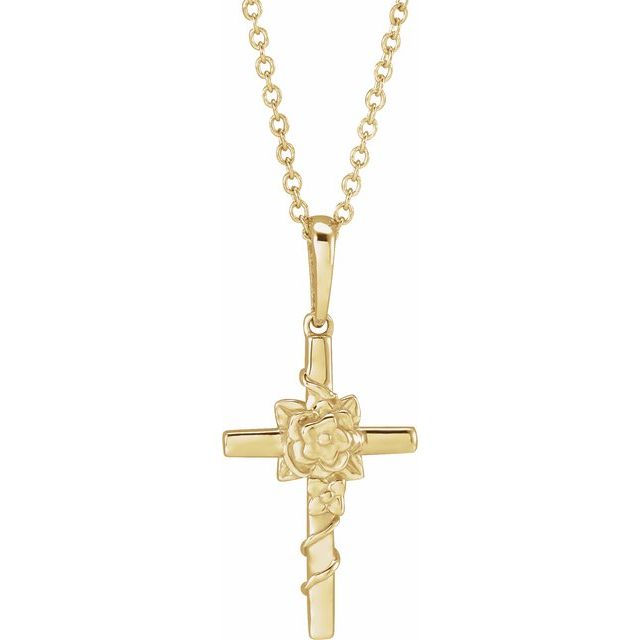 14K Yellow Floral Cross 16-18' Necklace