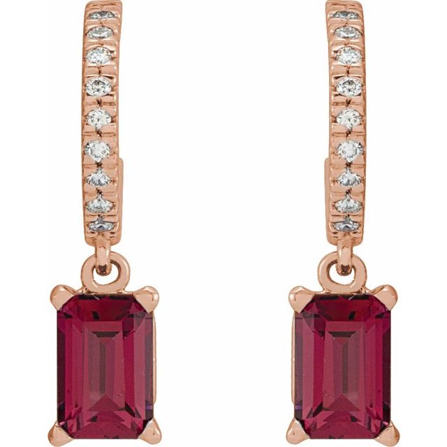 14K Rose Natural Rhodolite Garnet & .08 CTW Natural Diamond French-Set Hoop Earrings
