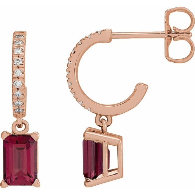 14K Rose Natural Rhodolite Garnet & .08 CTW Natural Diamond French-Set Hoop Earrings