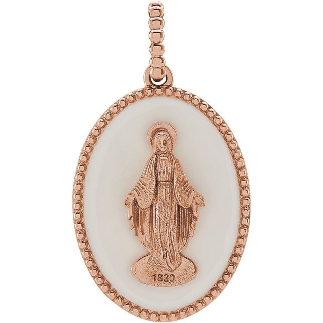 14K Rose White Enamel Miraculous Medal Pendant