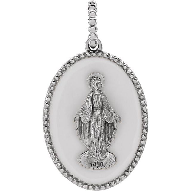 Sterling Silver White Enamel Miraculous Medal Pendant