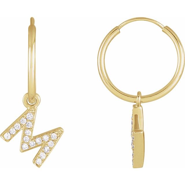 14K Yellow .06 CTW Natural Diamond Single Initial M Hoop Earring