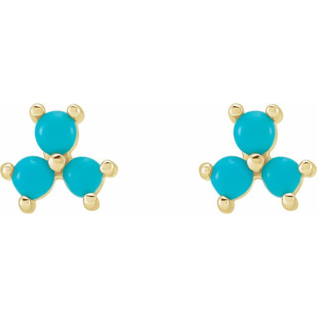 14K Yellow Turquoise Three-Stone Cabochon Earrings