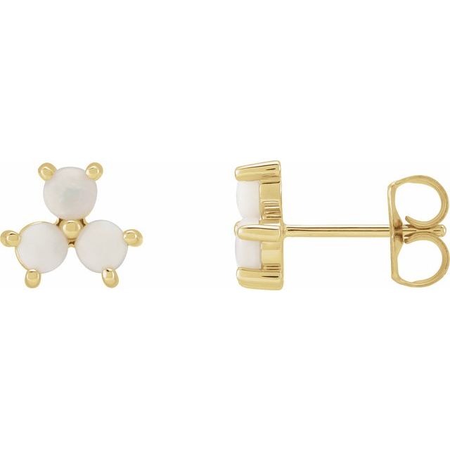 14K Yellow White Opal Three-Stone Cabochon Earrings