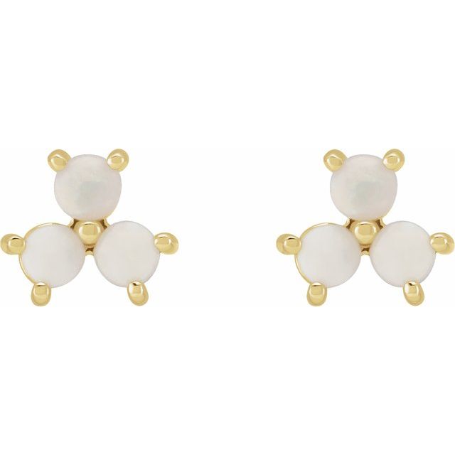 14K Yellow White Opal Three-Stone Cabochon Earrings