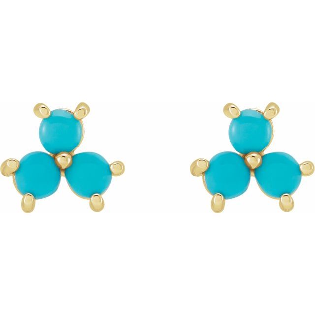 14K Yellow Turquoise Three-Stone Cabochon Earrings