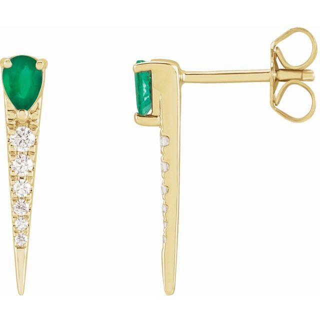 14k Yellow Natural Emerald & 1/8 Ctw Natural Diamond Spike Earrings