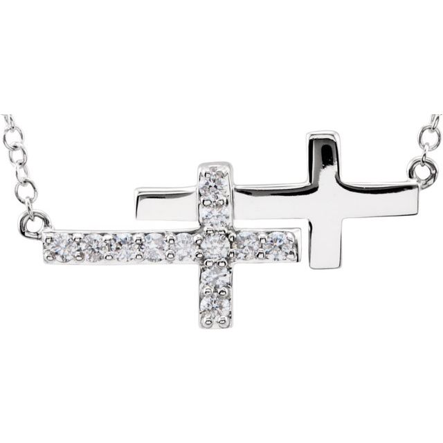 14K White 1/5 CTW Natural Diamond Double Sideways Cross 16-18' Necklace
