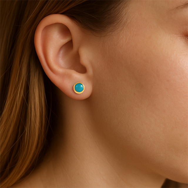 14k Yellow Cabochon Natural Turquoise Bezel-set Solitaire Earrings