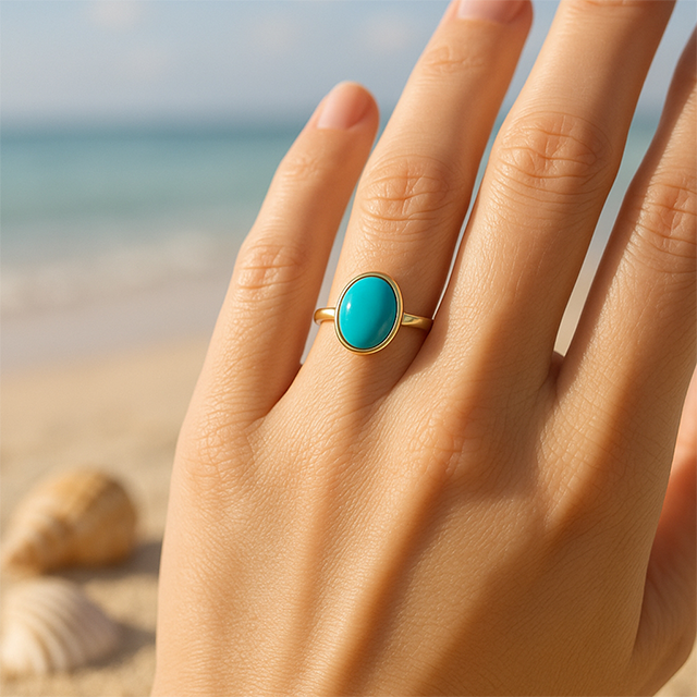 14k Yellow 12x10 Mm Natural Turquoise Cabochon Ring