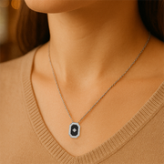 Sterling Silver Natural Black Onyx & Imitation White Cubic Zirconia Halo-Style 18' Necklace
